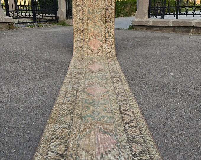 Vintage Turkish Oushak Runner Rug, Handwoven Wool, Distressed Floral Hallway Decor (2x13 Ft)
