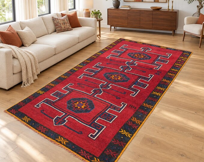 6x13 Vintage Turkish Herki Wool Area Rug, Red Navy Geometric Tribal Design 5'11" x 12'10"
