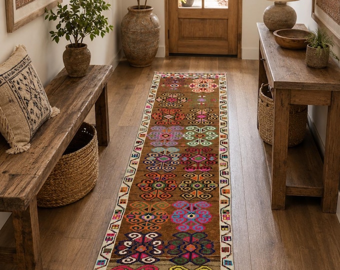 2x9 Vintage Turkish Oushak Runner Rug, Colorful Handmade Wool Tribal Boho Hallway Carpet