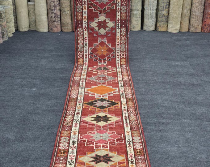 3x14 Vintage Turkish Wool Runner, Red Geometric Handmade Wool Hallway Rug (2'6" x 14'1")