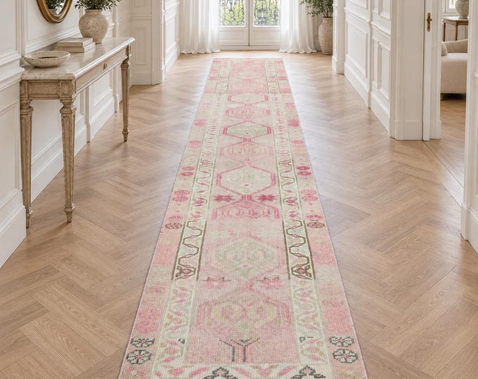 2x13 Vintage Turkish Oushak Wool Runner Rug, Faded Pink Beige Geometric Hallway Design