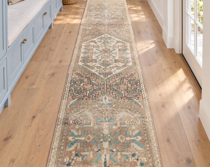 3x11 Vintage Turkish Oushak Runner Rug, Handmade Wool Neutral Beige Blue Hallway Runner