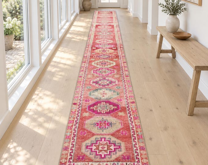 3x23 Vintage Turkish Wool Runner Rug, Red Pink Geometric Hallway Design (2'8" x 22'6")