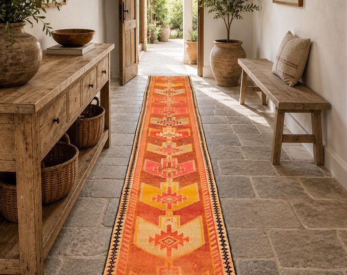 2x14 Vintage Turkish Runner Rug, Extra Long Handmade Wool Tribal Anatolian Hallway Carpet