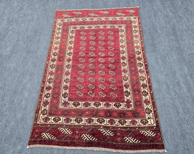 4x6 Vintage Turkish Oushak Rug, Handmade Wool Red Geometric Living Room Area Rug