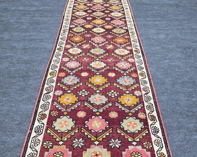 3x12 Vintage Turkish Runner Rug, Burgundy Wool Floral Oushak Anatolian Hallway Carpet
