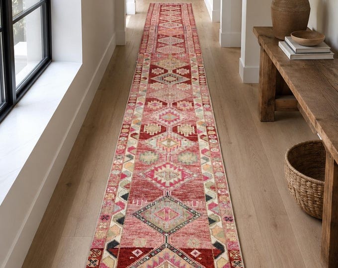 3x20 Vintage Turkish Runner Rug, Burgundy Pink Geometric Wool Extra Long Hallway Carpet
