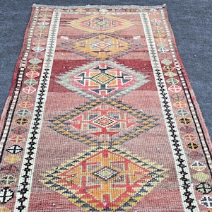 3x11 Vintage Turkish Oushak Runner Rug, Handmade Wool Pink Tribal ...