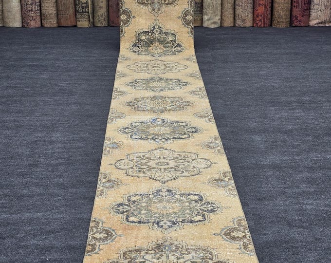 3x22 Vintage Turkish Oushak Wool Runner, Extra Long Beige Hallway Rug (2'7" x 21'9")