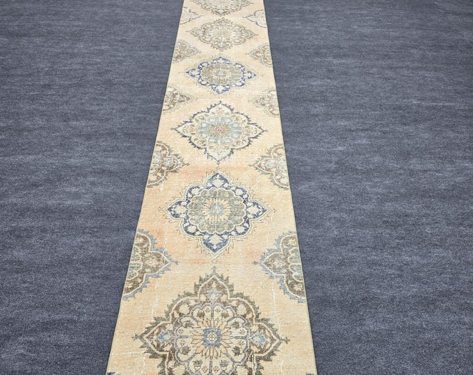 3x24 Vintage Turkish Oushak Wool Runner, Extra Long Beige Hallway Rug (2'6" x 23'10")