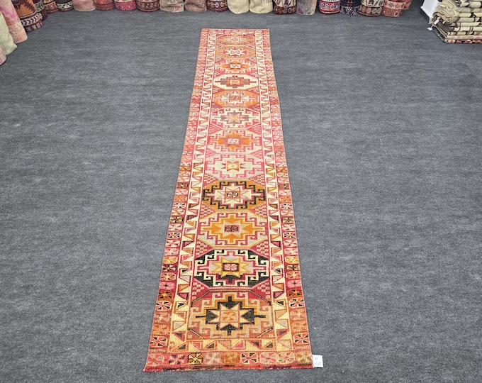 3x12 Vintage Turkish Runner Rug, Pink Orange Wool, Geometric Anatolian Hallway Carpet