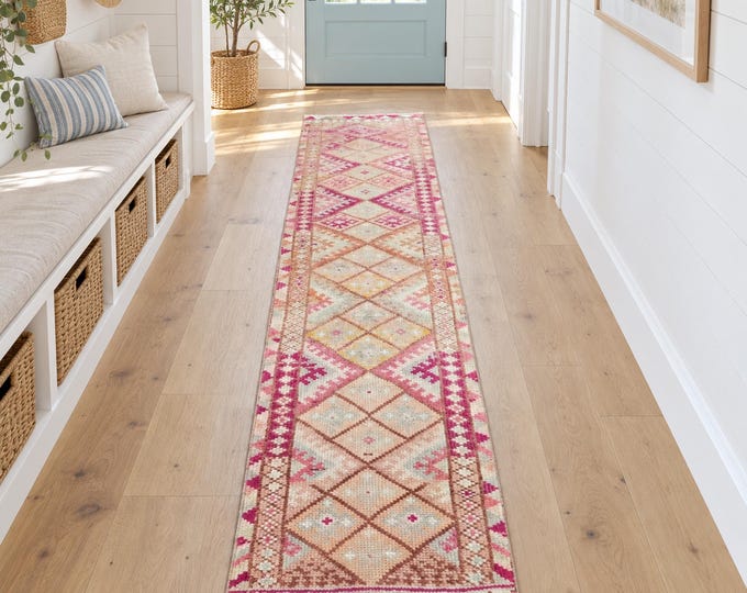 3x12 Vintage Turkish Herki Wool Runner Rug, Faded Pink Cream Geometric Design (2'8" x 11'8")