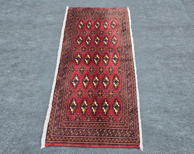 2x4 Vintage Turkish Wool Rug, Burgundy Red Tribal Geometric Rug, Anatolian Entryway Decor, 2'x4'3"
