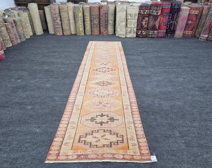 3x11 Vintage Turkish Oushak Runner Rug, Handmade Wool Pastel Pink Anatolian Hallway Runner
