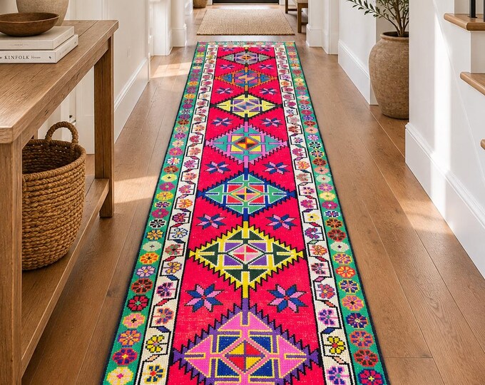 3x12 Vintage Turkish Runner Rug, Colorful Wool Geometric Anatolian Hallway Runner