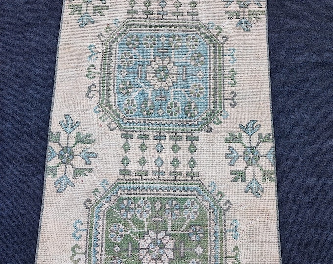 2x22 Vintage Turkish Oushak Wool Runner Rug, Faded Green Beige Extra Long Hallway Design
