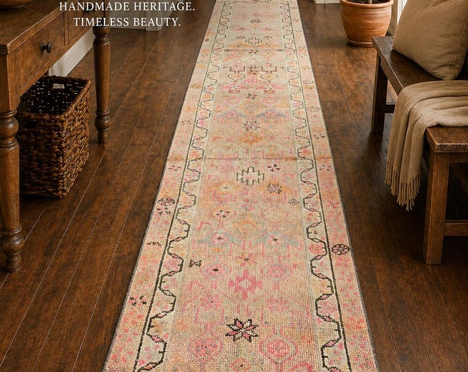 3x11 Vintage Turkish Oushak Runner Rug, Handmade Wool Pastel Floral Hallway Rug Home Decor
