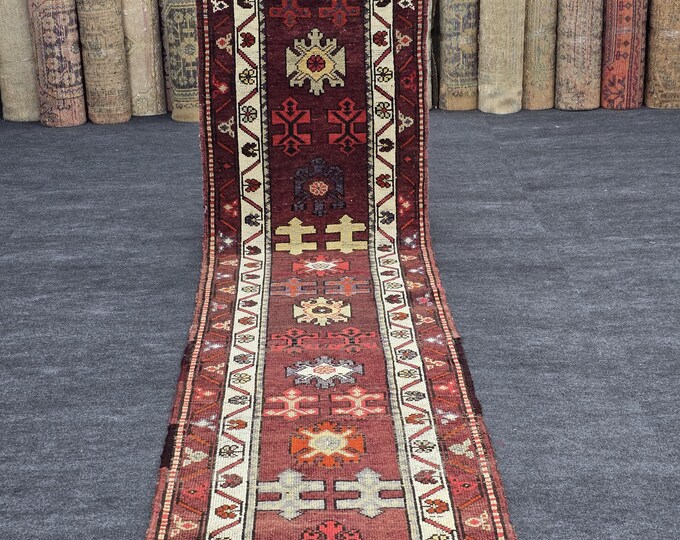3x13 Vintage Turkish Wool Runner Rug, Burgundy Red Geometric Tribal Hallway Carpet (2'9" x 13')