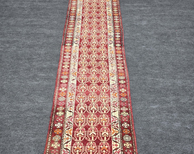 3x13 Vintage Turkish Runner Rug, Handmade Wool Burgundy Red Tribal Hallway Carpet, (2'6" x 13'2")
