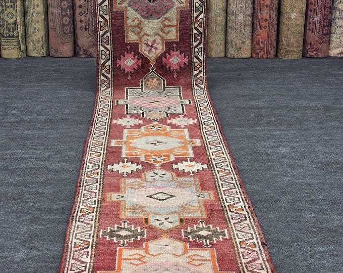 3x14 Vintage Turkish Oushak Runner Rug, Raspberry Pink Geometric Wool (2'8" x 13'11")