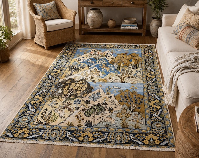 4x6 Vintage Turkish Area Rug, Handmade Wool Blue Brown Floral Oushak Living Room Carpet