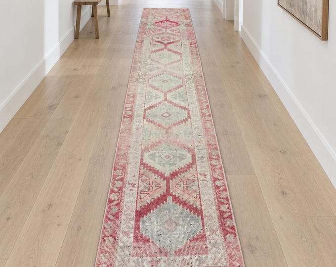 3x14 Vintage Turkish Wool Runner Rug, Faded Pink Beige Geometric Hallway Design (2'6" x 13'8")