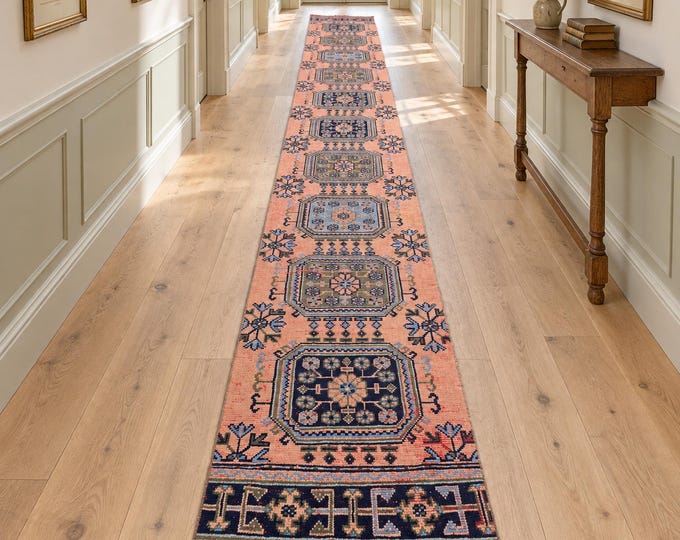 3x21 Vintage Turkish Wool Runner Rug, Faded Salmon Blue Geometric Medallions, 2'5" x 20'9"