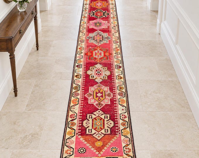 2x13 Vintage Turkish Wool Runner Rug, Red Pink Geometric Medallions, Handmade Anatolian Hallway Decor