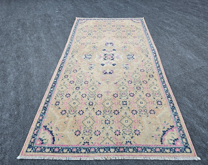 3x6 Vintage Turkish Oushak Rug, Beige Pink Floral Wool Area Rug, Handmade Anatolian Decor