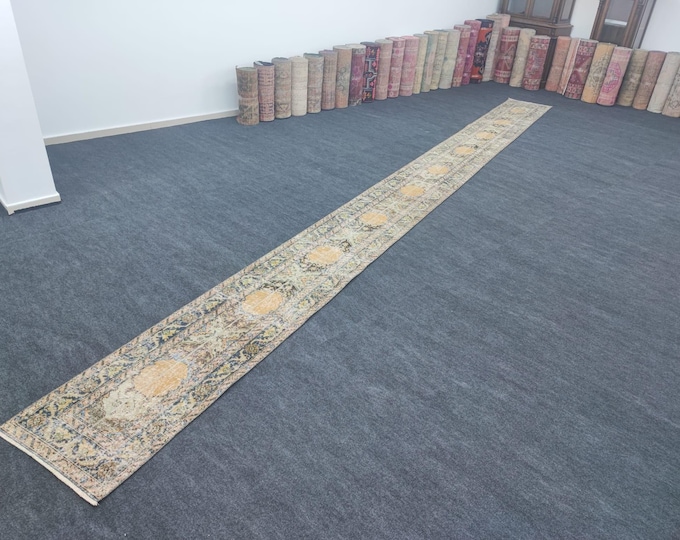 2x24 Vintage Turkish Wool Runner Rug, Faded Blue Beige Floral Extra Long Hallway Design