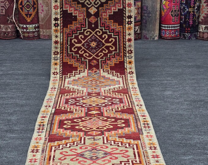 3x11 Vintage Turkish Wool Runner Rug, Rust Red Geometric Hallway Carpet (2'9" x 11'3")