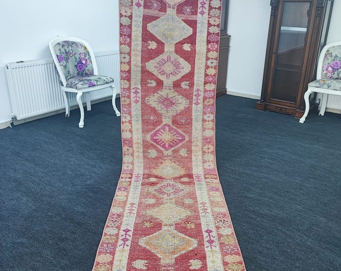 2x10 Vintage Turkish Herki Wool Runner, Red Pink Geometric Hallway Rug