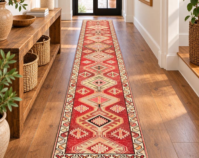 2x14 Vintage Turkish Runner Rug, Rust Red Geometric Medallions, Handmade Wool Long Hallway Decor