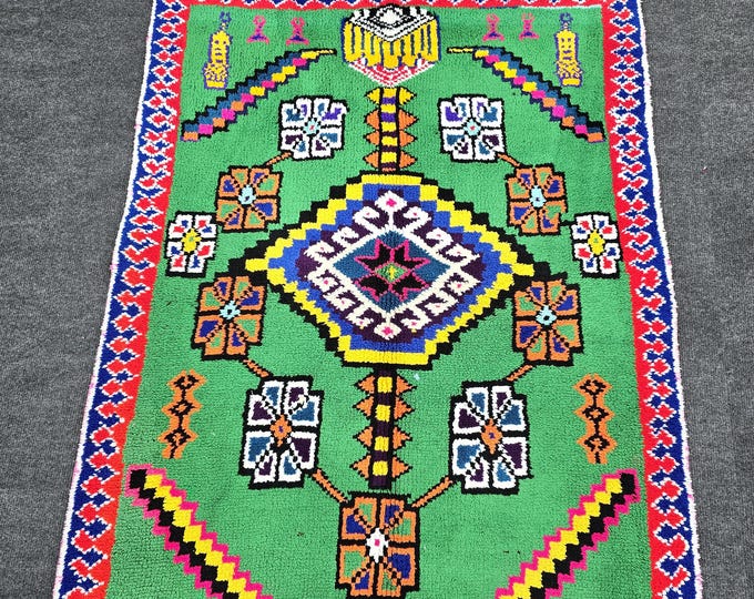 3x4 Vintage Turkish Wool Area Rug, Emerald Green Geometric Tribal Folk  Accent  (2'10" x 3'7")