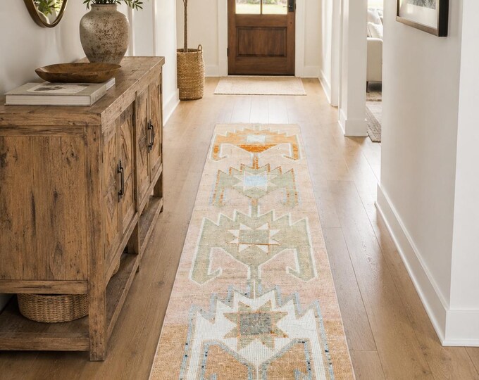 3x10 Vintage Turkish Oushak Runner Rug, Pink Handmade Wool Hallway Carpet, Boho Kitchen Decor
