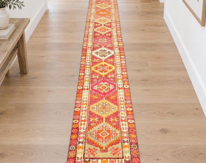 2x16 Vintage Turkish Runner Rug, Extra Long Faded Red Wool Anatolian Hallway Runner