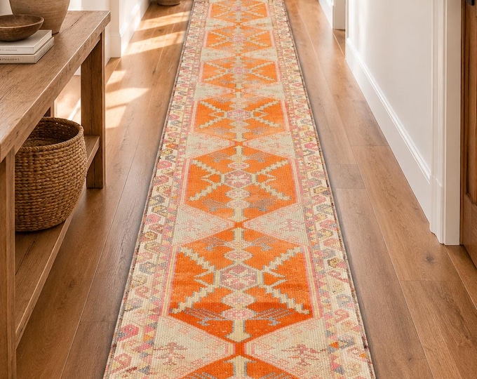 3x15 Vintage Turkish Runner Rug, Orange Wool Geometric Anatolian Hallway Carpet