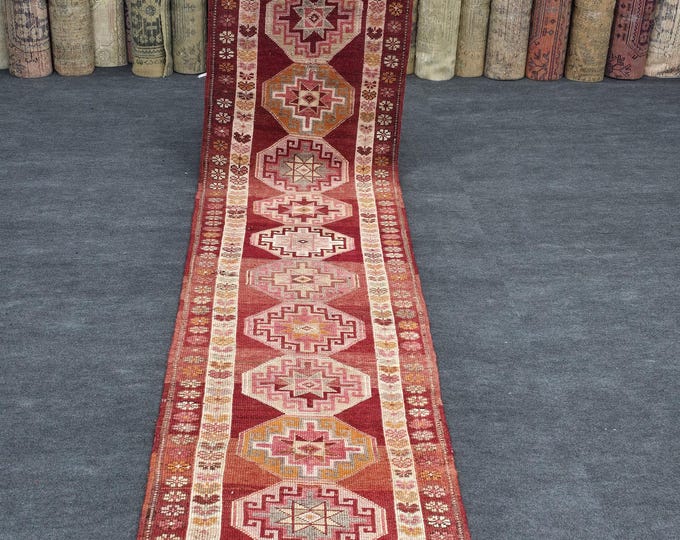 3x13 Vintage Turkish Wool Runner Rug, Rust Red Geometric Tribal Hallway Carpet 2'10" x 12'9"