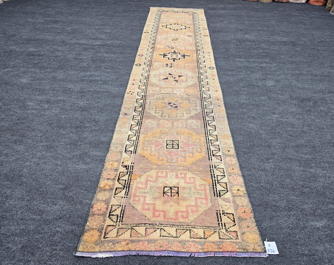 3x11 Vintage Turkish Herki Wool Runner, Faded Pastel Geometric Rug (2'6" x 11')