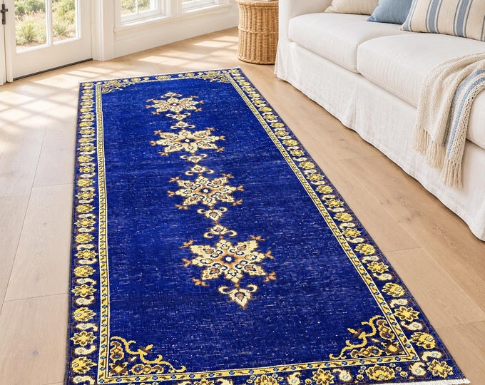 4x8 Vintage Turkish Wool Runner Rug, Navy Blue Floral Oushak Design, 3'9" x 8'