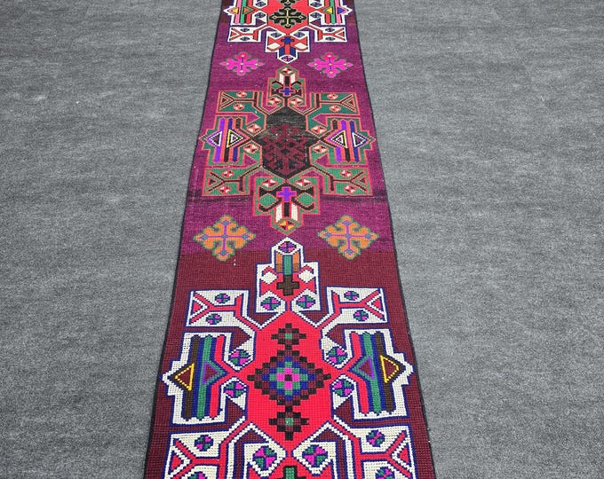 2x13 Vintage Turkish Runner Rug, Colorful Wool Tribal Geometric Hallway Carpet (2'2" x 12'11")