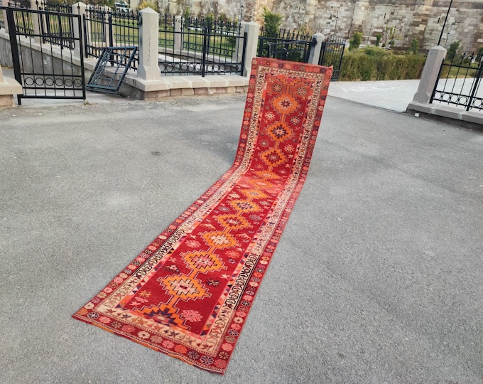 3x12 Vintage Turkish Runner Rug, Red Orange Handmade Wool Tribal Hallway Carpet 2'8" × 11'11"