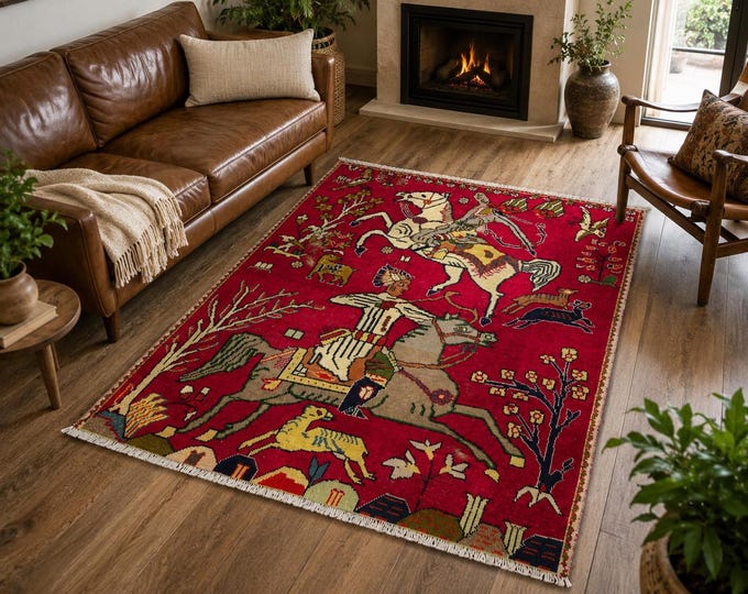3x4 Vintage Turkish Horse Rug, Red Equestrian Pictorial Area Carpet, Vintage Home Decor