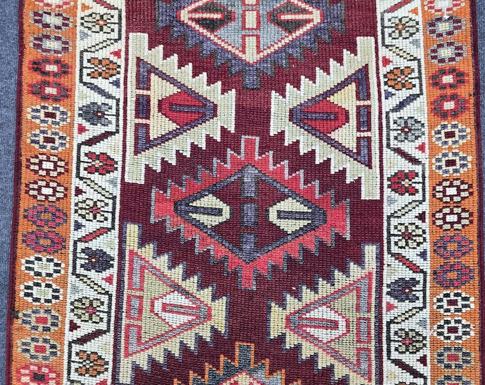 3x13 Vintage Turkish Wool Runner Rug, Burgundy Red Geometric Medallions (2'9" x 13')
