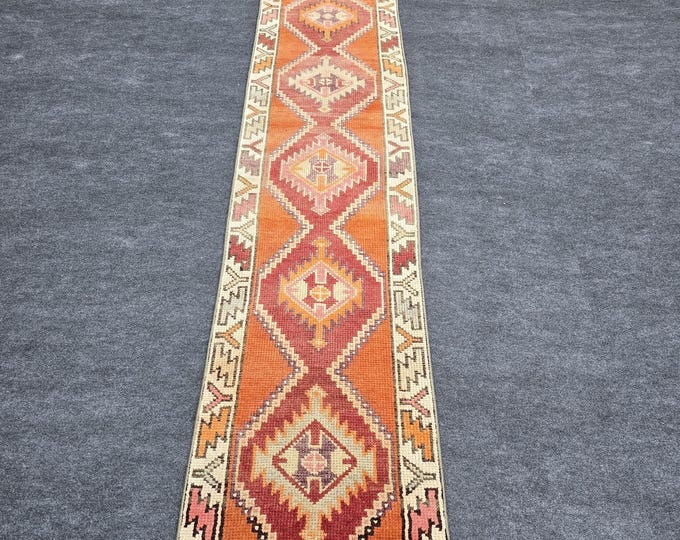 2x14 Vintage Turkish Runner Rug, Handmade Wool Orange Tribal Hallway Carpet