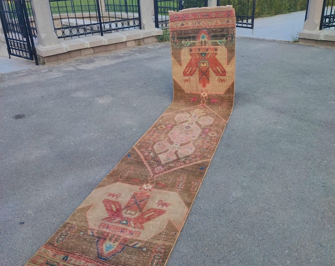 3x13 Vintage Turkish Runner Rug, Brown Pink Tribal Wool Hallway Carpet, Geometric Pattern