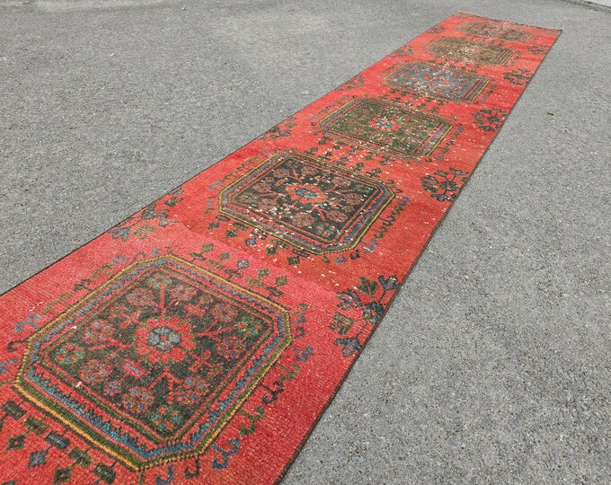 3x21 Vintage Turkish Oushak Runner Rug, Red Green Geometric Extra Long Hallway Rug