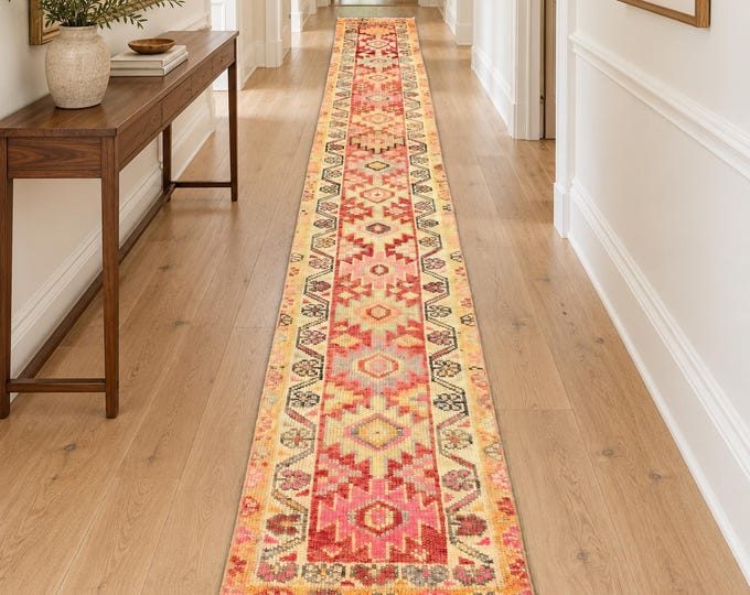2x14 Vintage Turkish Oushak Runner Rug, Faded Red Orange Geometric Wool Hallway Rug, 2' x 13'7"