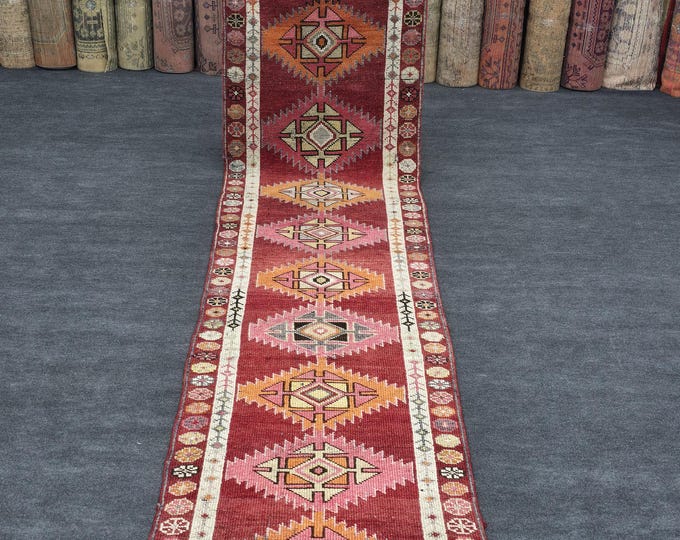 3x12 Vintage Turkish Wool Runner, Red Pink Geometric Hallway Rug (2'11" x 12'5")