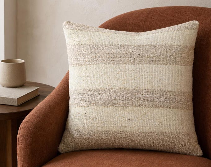 19x19 Vintage Kilim Pillow Cover, Neutral Striped Wool Cushion, Minimalist Boho Decor